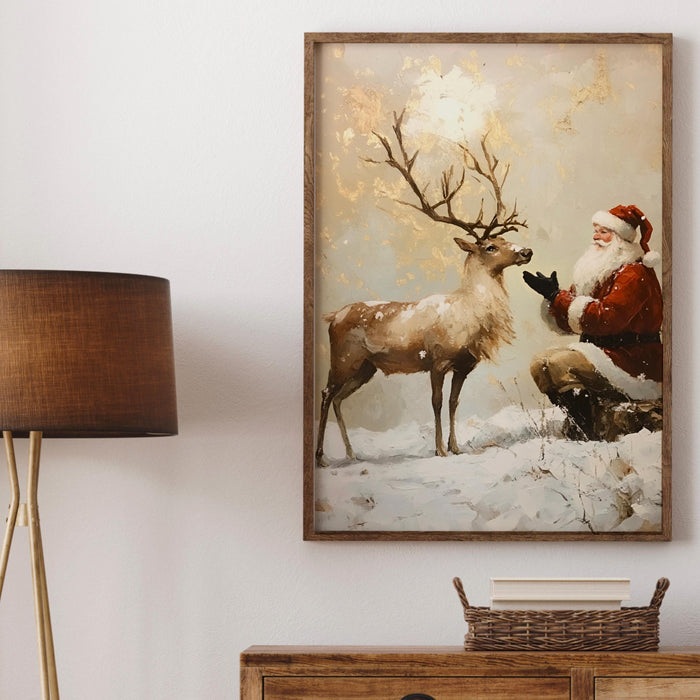 Santa Vintage Painting Reindeer Traditional Christmas Art Prints Beige Wall Art Retro Xmas Cosy Christmas Printable Reindeer Digital Print