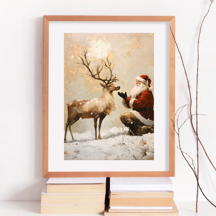 Santa Vintage Painting Reindeer Traditional Christmas Art Prints Beige Wall Art Retro Xmas Cosy Christmas Printable Reindeer Digital Print