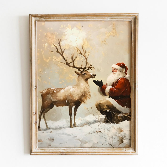 Santa Vintage Painting Reindeer Traditional Christmas Art Prints Beige Wall Art Retro Xmas Cosy Christmas Printable Reindeer Digital Print