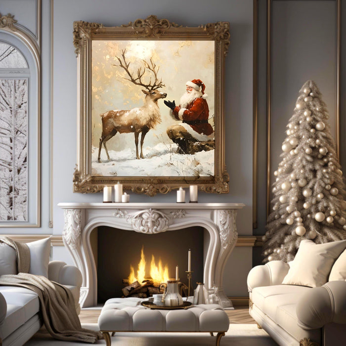 Santa Vintage Painting Reindeer Traditional Christmas Art Prints Beige Wall Art Retro Xmas Cosy Christmas Printable Reindeer Digital Print