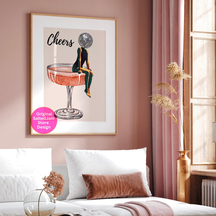 Cheers bar cart art retro trendy watercolor champagne cocktail poster aesthetic girly cute preppy pink prints gift for wine lover 1 print