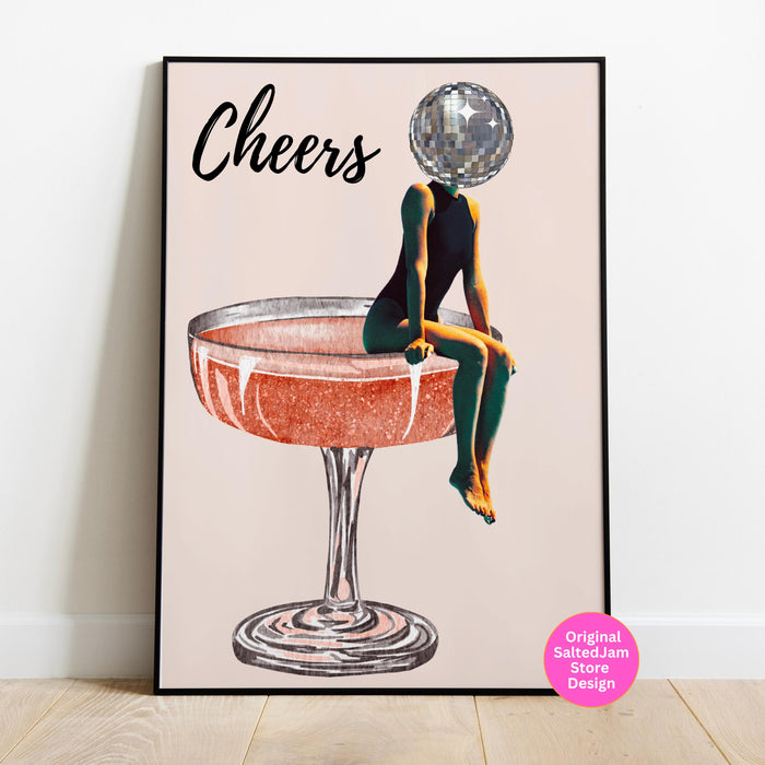 Cheers bar cart art retro trendy watercolor champagne cocktail poster aesthetic girly cute preppy pink prints gift for wine lover 1 print