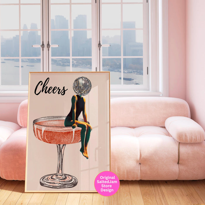 Cheers bar cart art retro trendy watercolor champagne cocktail poster aesthetic girly cute preppy pink prints gift for wine lover 1 print