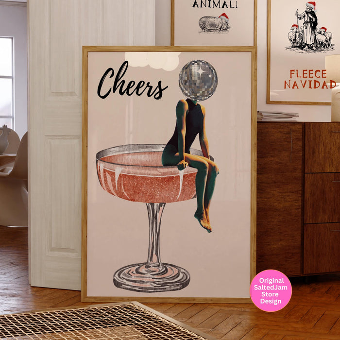 Cheers bar cart art retro trendy watercolor champagne cocktail poster aesthetic girly cute preppy pink prints gift for wine lover 1 print