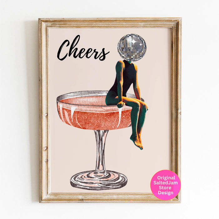 Cheers bar cart art retro trendy watercolor champagne cocktail poster aesthetic girly cute preppy pink prints gift for wine lover 1 print
