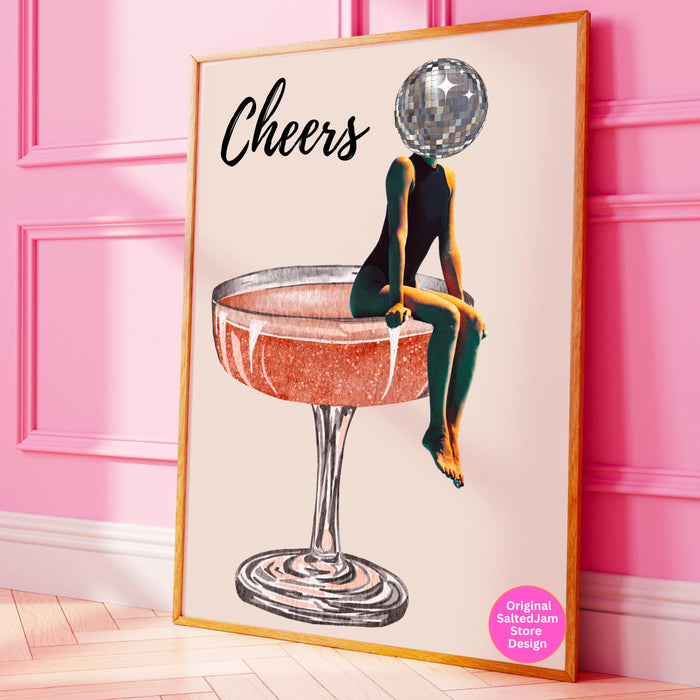 Cheers bar cart art retro trendy watercolor champagne cocktail poster aesthetic girly cute preppy pink prints gift for wine lover 1 print
