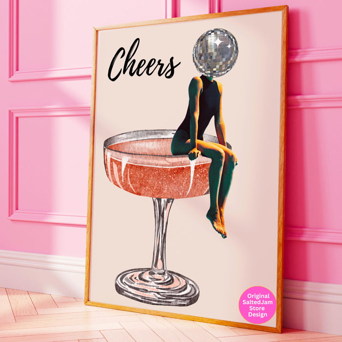 Cheers bar cart art retro trendy watercolor champagne cocktail poster aesthetic girly cute preppy pink prints gift for wine lover 1 print