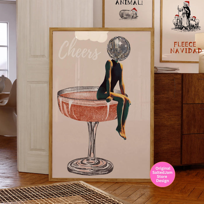 Disco ball head poster, funky disco 70s print, retro wall art, digital artwork, luxury mirrorball printable, girly dorm room artt trendy