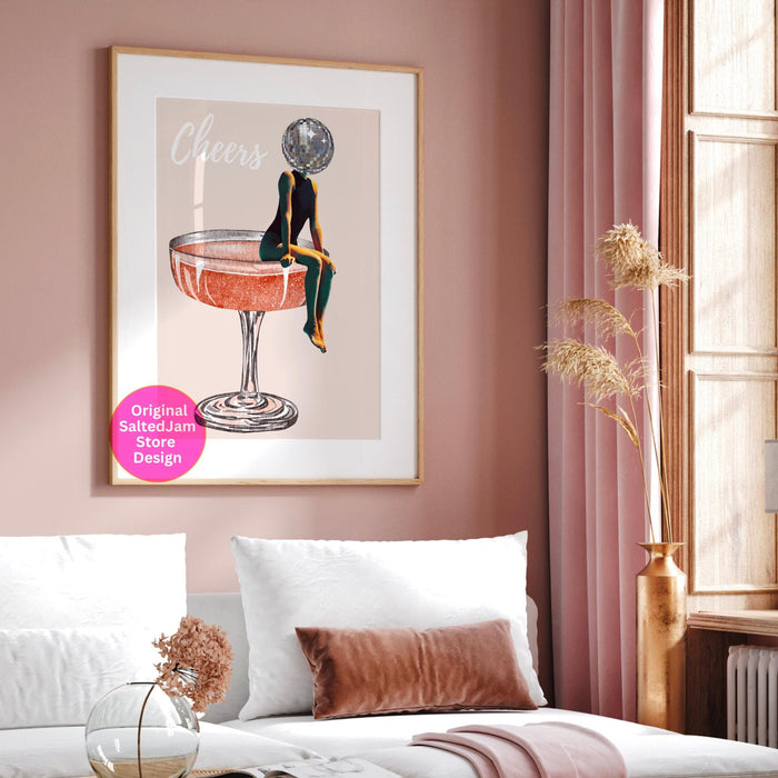 Disco ball head poster, funky disco 70s print, retro wall art, digital artwork, luxury mirrorball printable, girly dorm room artt trendy