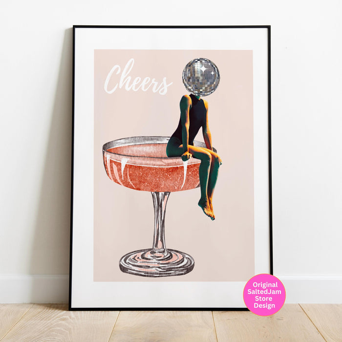 Disco ball head poster, funky disco 70s print, retro wall art, digital artwork, luxury mirrorball printable, girly dorm room artt trendy