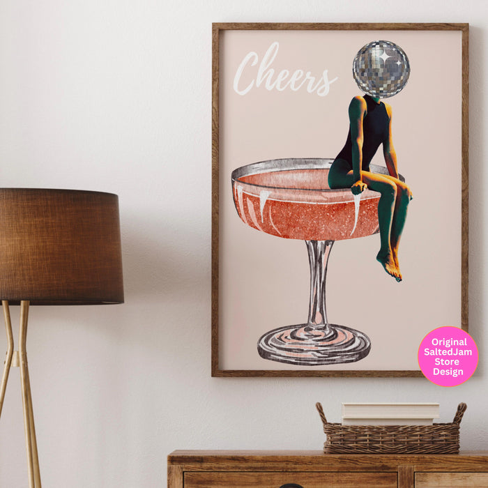 Disco ball head poster, funky disco 70s print, retro wall art, digital artwork, luxury mirrorball printable, girly dorm room artt trendy