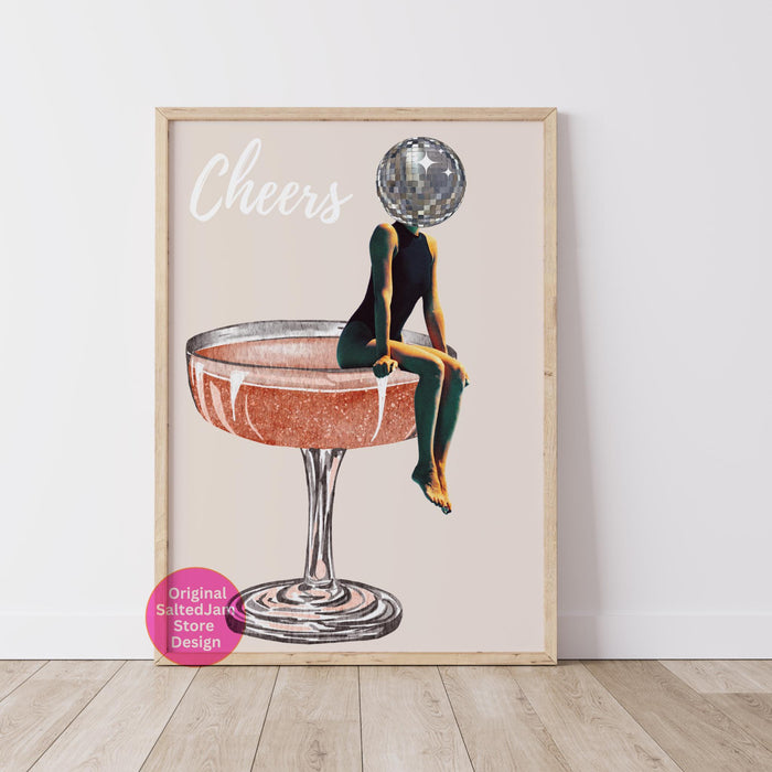 Disco ball head poster, funky disco 70s print, retro wall art, digital artwork, luxury mirrorball printable, girly dorm room artt trendy