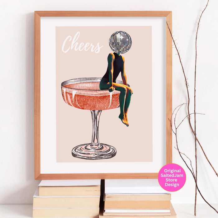 Disco ball head poster, funky disco 70s print, retro wall art, digital artwork, luxury mirrorball printable, girly dorm room artt trendy