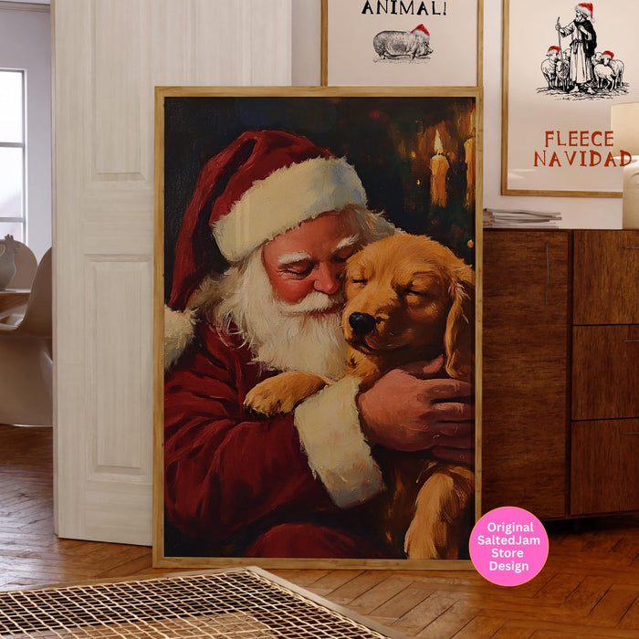 Vintage Christmas Print Santa Printable Dog Painting Traditional Santa Vintage Christmas Art Prints Red Wall Art Retro Xmas Digital Print