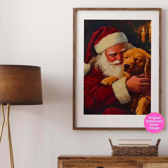 Vintage Christmas Print Santa Printable Dog Painting Traditional Santa Vintage Christmas Art Prints Red Wall Art Retro Xmas Digital Print
