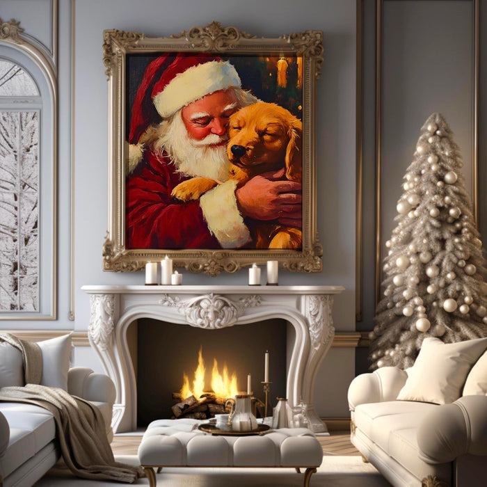 Vintage Christmas Print Santa Printable Dog Painting Traditional Santa Vintage Christmas Art Prints Red Wall Art Retro Xmas Digital Print