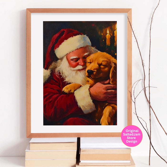 Vintage Christmas Print Santa Printable Dog Painting Traditional Santa Vintage Christmas Art Prints Red Wall Art Retro Xmas Digital Print
