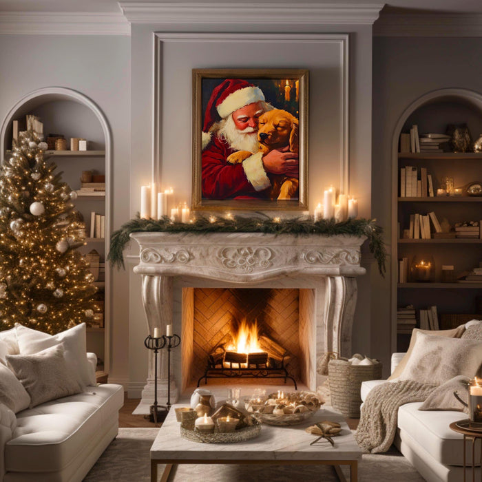 Vintage Christmas Print Santa Printable Dog Painting Traditional Santa Vintage Christmas Art Prints Red Wall Art Retro Xmas Digital Print