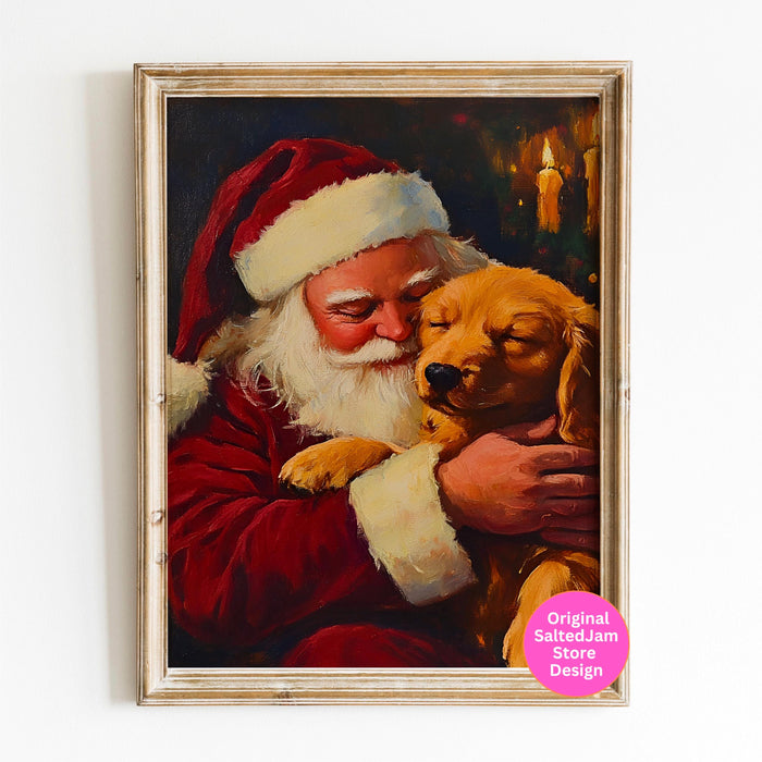 Vintage Christmas Print Santa Printable Dog Painting Traditional Santa Vintage Christmas Art Prints Red Wall Art Retro Xmas Digital Print