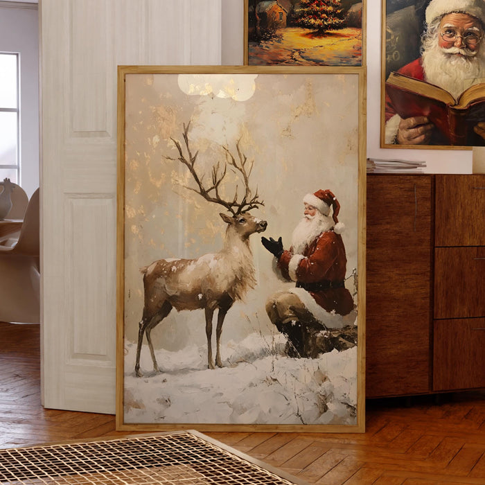Santa Vintage Painting Reindeer Traditional Christmas Art Prints Beige Wall Art Retro Xmas Cosy Christmas Printable Reindeer Digital Print