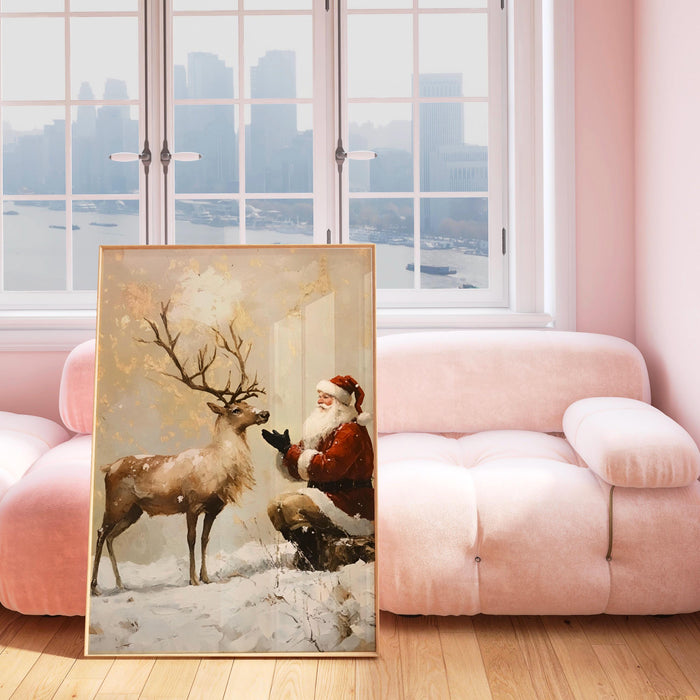 Santa Vintage Painting Reindeer Traditional Christmas Art Prints Beige Wall Art Retro Xmas Cosy Christmas Printable Reindeer Digital Print