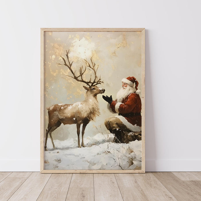 Santa Vintage Painting Reindeer Traditional Christmas Art Prints Beige Wall Art Retro Xmas Cosy Christmas Printable Reindeer Digital Print