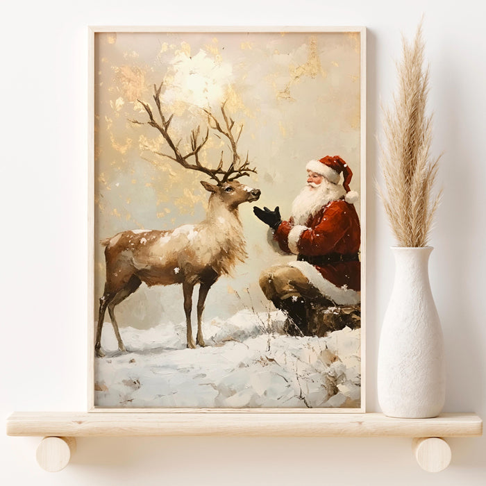 Santa Vintage Painting Reindeer Traditional Christmas Art Prints Beige Wall Art Retro Xmas Cosy Christmas Printable Reindeer Digital Print