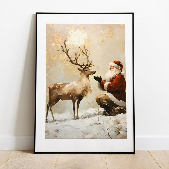 Santa Vintage Painting Reindeer Traditional Christmas Art Prints Beige Wall Art Retro Xmas Cosy Christmas Printable Reindeer Digital Print