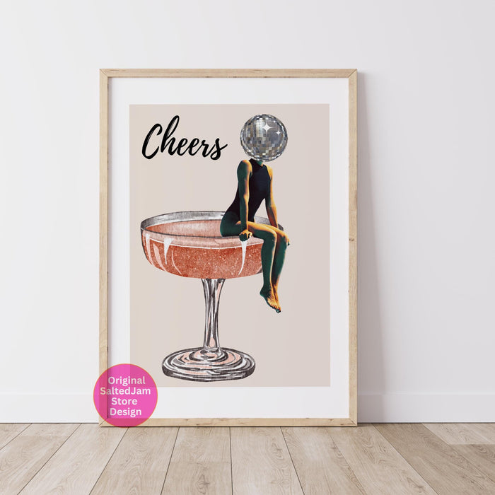 Cheers bar cart art retro trendy watercolor champagne cocktail poster aesthetic girly cute preppy pink prints gift for wine lover 1 print