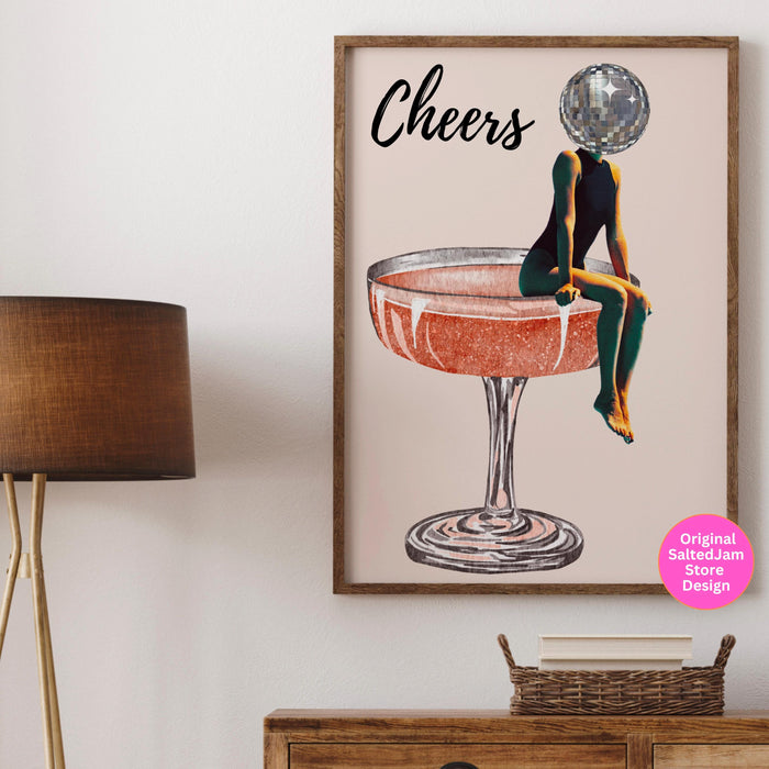 Cheers bar cart art retro trendy watercolor champagne cocktail poster aesthetic girly cute preppy pink prints gift for wine lover 1 print