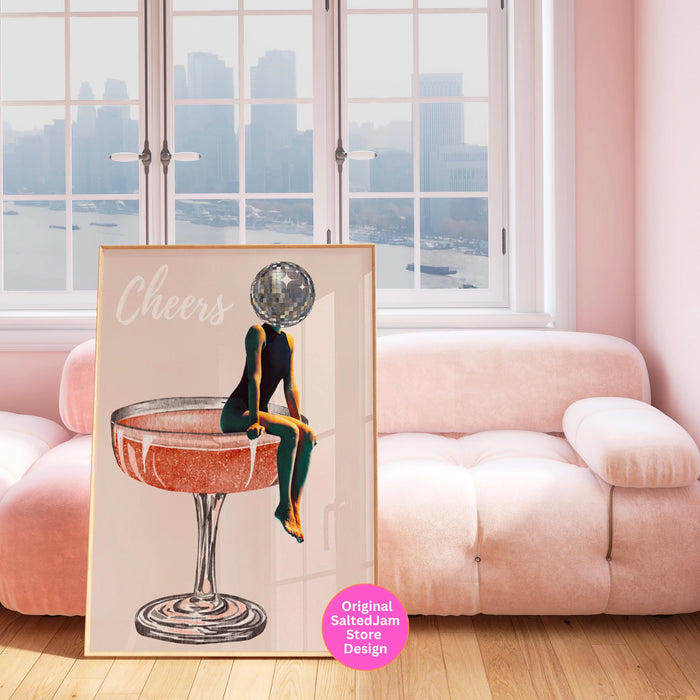 Disco ball head poster, funky disco 70s print, retro wall art, digital artwork, luxury mirrorball printable, girly dorm room artt trendy