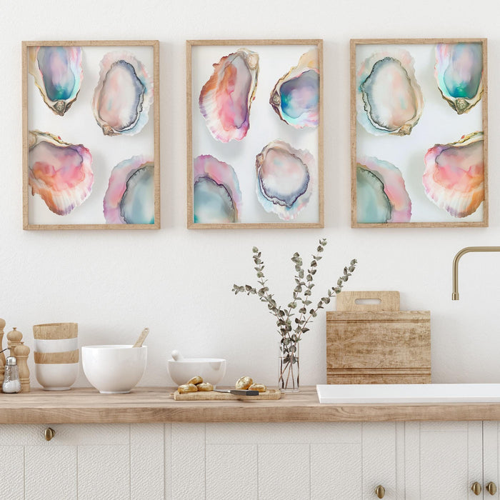 Oyster Painting Colorful Pastel Abstract Coastal Beach House Wall Art Seashells Print Summer Oyster Shell Kitchen Print Digital Art Set of 3