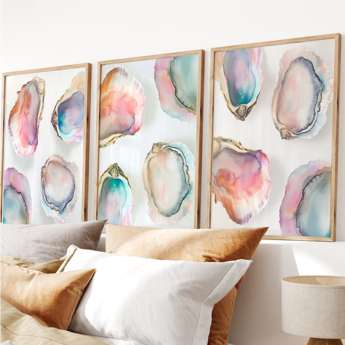 Pastel Oyster Shell Painting Colorful Abstract Coastal Beach House Wall Art Print Summer Beach House Kitchen Print Set of 3 Digital Art