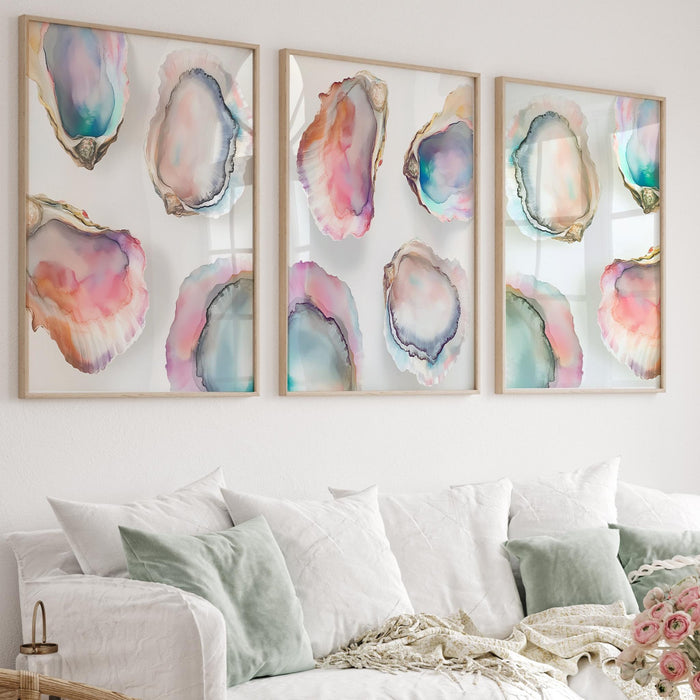 Pastel Oyster Shell Painting Colorful Abstract Coastal Beach House Wall Art Print Summer Beach House Kitchen Print Set of 3 Digital Art