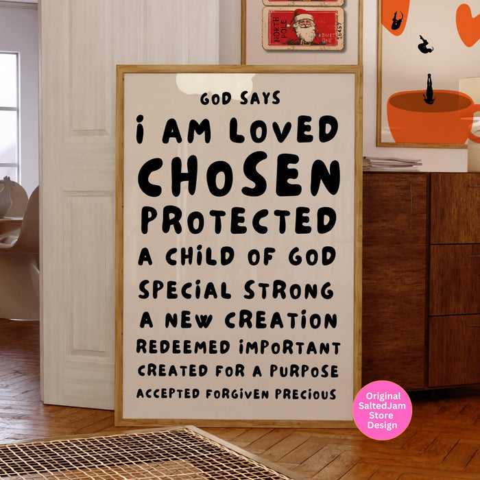 God Says I Am Loved Christian Scripture Gift Black Beige Bible Poster Pink Wall Art Printable Maximalist Christian Dorm Digital Download