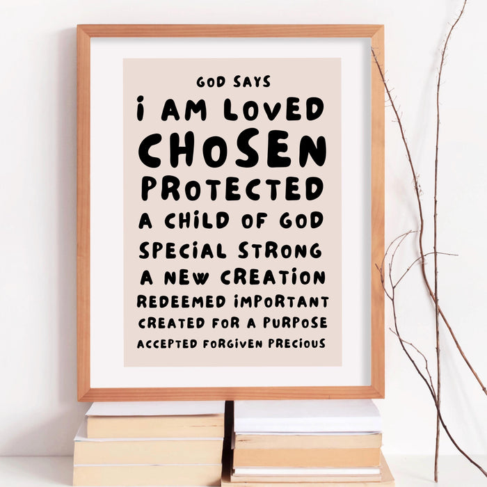 God Says I Am Loved Christian Scripture Gift Black Beige Bible Poster Pink Wall Art Printable Maximalist Christian Dorm Digital Download