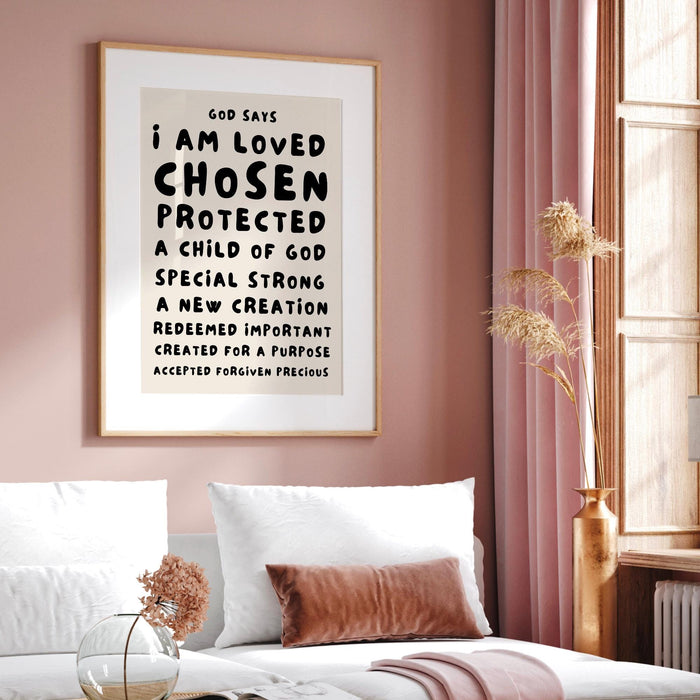 God Says I Am Loved Christian Scripture Gift Black Beige Bible Poster Pink Wall Art Printable Maximalist Christian Dorm Digital Download