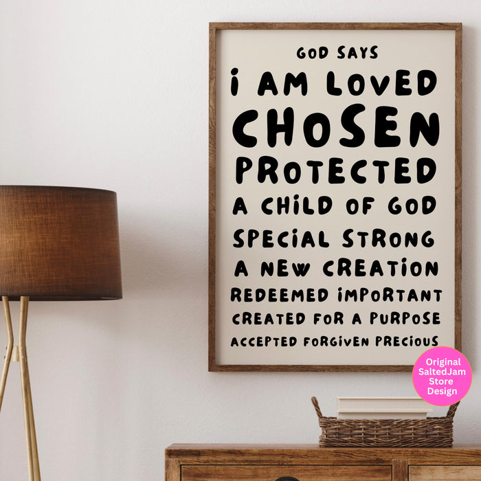 God Says I Am Loved Christian Scripture Gift Black Beige Bible Poster Pink Wall Art Printable Maximalist Christian Dorm Digital Download