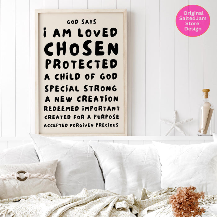 God Says I Am Loved Christian Scripture Gift Black Beige Bible Poster Pink Wall Art Printable Maximalist Christian Dorm Digital Download