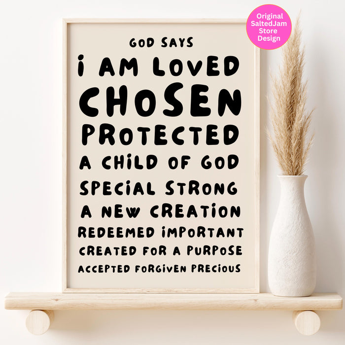 God Says I Am Loved Christian Scripture Gift Black Beige Bible Poster Pink Wall Art Printable Maximalist Christian Dorm Digital Download