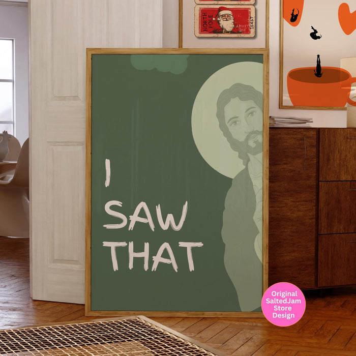 Funny Christian Gift Aesthetic Christian Green Wall Art Bible Teacher Poster Peeking Jesus Digital Download  Minimalist Green Dorm Decor
