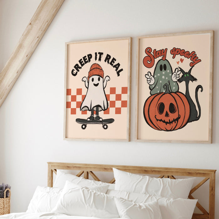 Retro Halloween, Creep it Real, Vintage Ghost Halloween Printable, Retro Fall, Fall Printable, Set of 10, Print at Home, Autumn Art Prints,