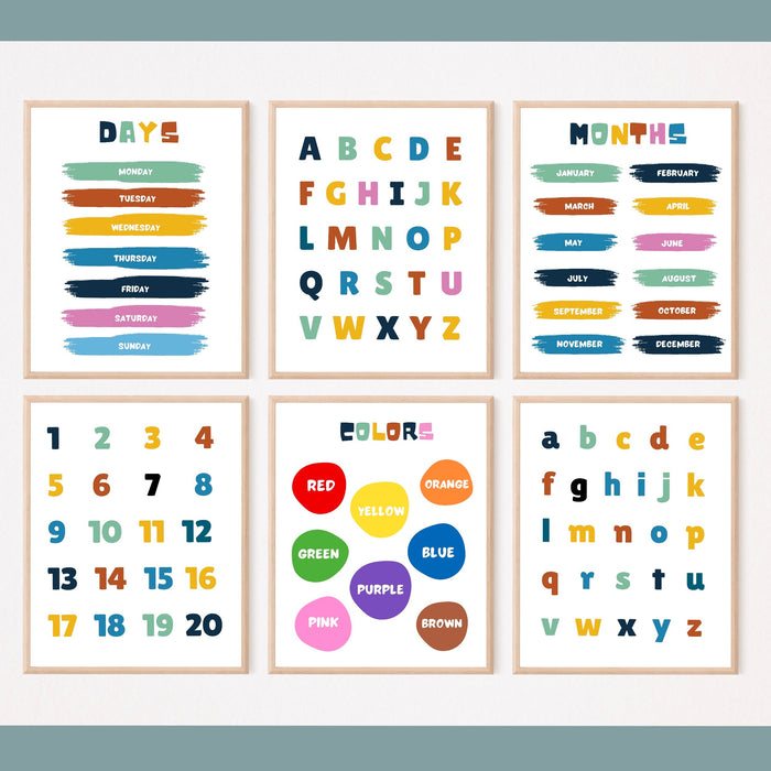 Set Of Educational Posters, 6 Home school Printables,Alphabet Poster,Playroom prints,Montessori Classroom Decor,Education Learning Posters