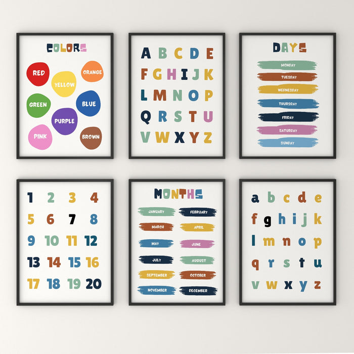 Set Of Educational Posters, 6 Home school Printables,Alphabet Poster,Playroom prints,Montessori Classroom Decor,Education Learning Posters