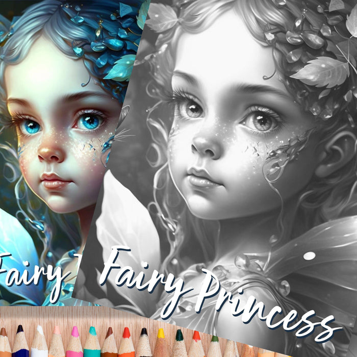 Delicate Fairy Princess Coloring Page | Fantasy Coloring Book, Adult kids, Instant Download - Grayscale Coloring Page - Gift, Printable PDF