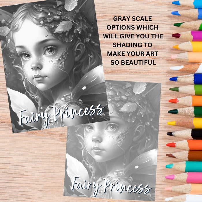 Delicate Fairy Princess Coloring Page | Fantasy Coloring Book, Adult kids, Instant Download - Grayscale Coloring Page - Gift, Printable PDF