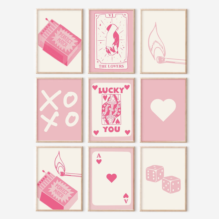 Trendy Retro Wall Art Bundle of 9, Retro Trendy Aesthetic Print,Lucky You Poster, Pink Cream Ace Card Poster,Trendy Art,Funny Art, Digital