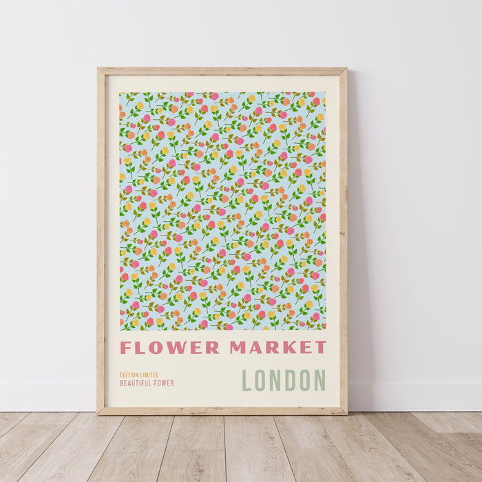 Green Flower Market Digital Download, 70s Style Poster, 60s Flower Print, Pink Green Decor, Daughter Gift, Printable Wall Art, Flower Print