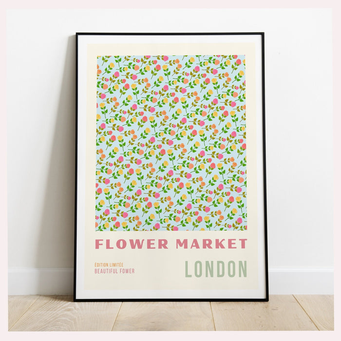 Green Flower Market Digital Download, 70s Style Poster, 60s Flower Print, Pink Green Decor, Daughter Gift, Printable Wall Art, Flower Print