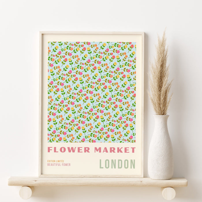 Green Flower Market Digital Download, 70s Style Poster, 60s Flower Print, Pink Green Decor, Daughter Gift, Printable Wall Art, Flower Print